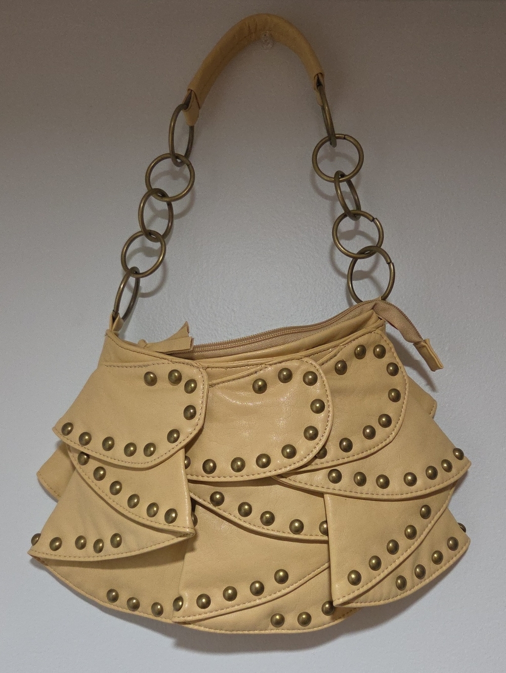 Vintage Cream Mondani Styled Beige Studded Layered Shoulder Bag